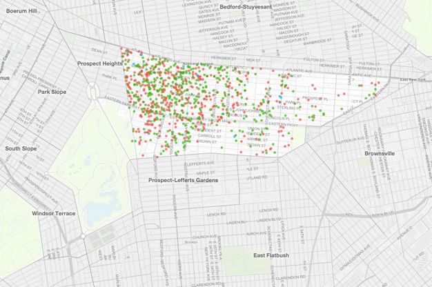 Airbnb listings of Crown Heights, as of June 1st. The red dots represent entire apartments/homes rented (via Inside Airbnb).
